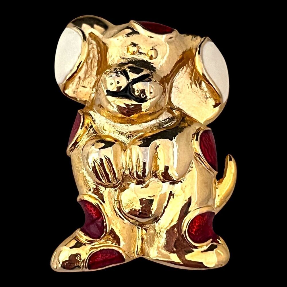 Vintage 1980s Dog Brooch Gold Tone Red White Enamel Figural Pin - 12Q
